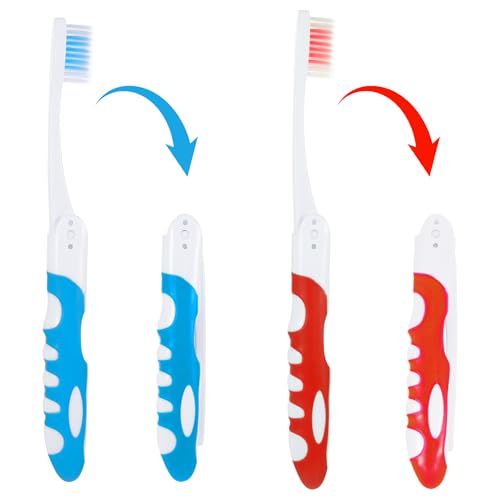 Classicseali 2 cepillos de dientes plegables para viajes, para salir, acampar, viajar, hoteles, pequeños cepillos de dientes portátiles para adultos y niños, azul y rojo