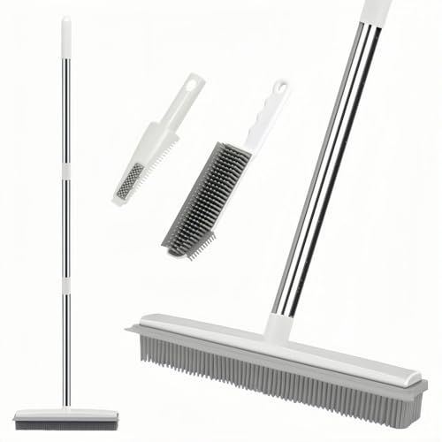Rubber Broom, 2 in 1 Rubber Broom with Squeegee, Adjustable Long Handle Rubbers Brooms, Floor Scrubing Brush, for Pet Cat Dog Hair Removal Carpet Kitchen Garden Yard Window Cleaning,White