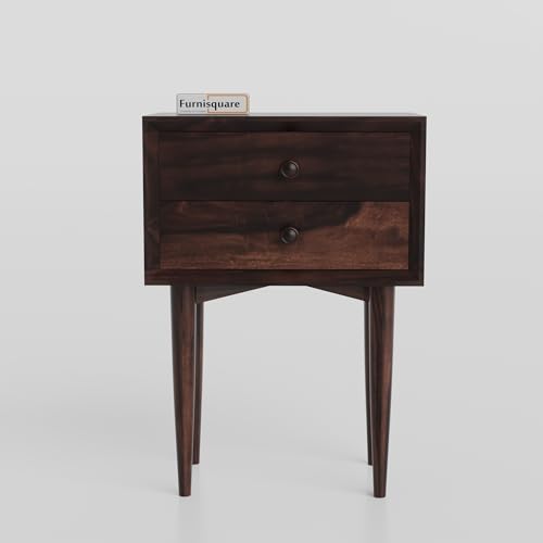 Image of Solid Sheesham Wood Bedside Table for Bedroom | Handmade Pure Wooden Bed Side Nightstand End Table with 2 Drawer Storage for Home & Bed Room | Rosewood, Walnut Finish