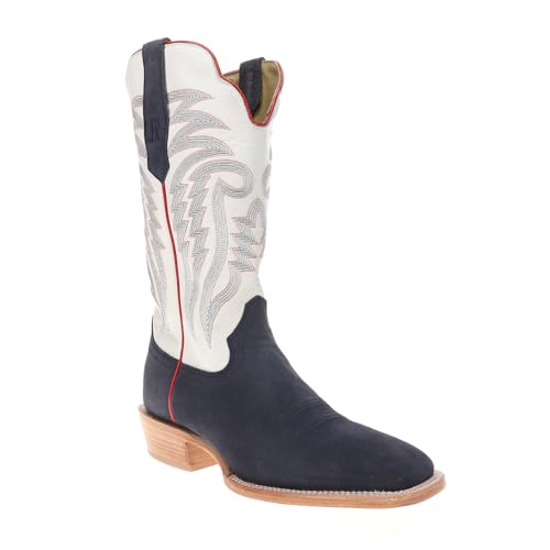 Mens Roughout Wide Embroidered Square Toe Casual Boots Mid Calf - Blue, Blue, White - Size 10.5 D2