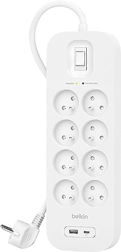 Belkin Multiprise parafoudre avec USB 8 Prises (Montage Mural, Cordon d'alimentation de 2 m, Voyant Lumineux Vert, 1 Port USB-C et 1 Port USB-A, Recharge Rapide PD, Protection jusqu'à 900 Joules)