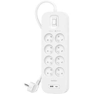 belkin multiprise parafoudre avec usb 8 prises (montage mural, cordon d'alimentation de 2 m, voyant lumineux vert, 1 port usb c et 1 port usb a, recharge rapide pd, protection jusqu'à 900 joules)
