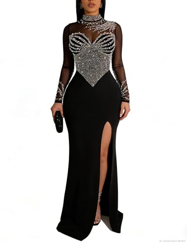 Image of WOKANSE Women's Formal Dresses Mock Neck Sexy Mesh See Through Long Sleeve High Slit Sparkly Rhinestone Prom Dress