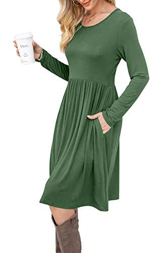 Image of DB MOON Women Casual Long Sleeve Dresses Empire Waist Knee Length Loose Dress with Pockets