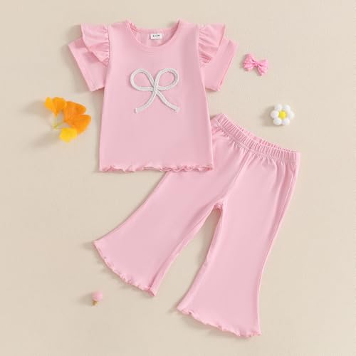 Infant Toddler Baby Girl Summer Outfit Bow Embroidery Ruffle Short Sleeve T-shirt and Flare Pants 2Pcs Summer Set2