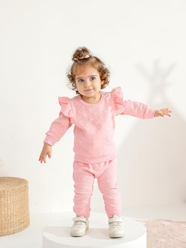 2pcs Baby Girl Love Heart Textured Ruffle Trim Long-sleeve Pullover and Bow Front Pants Clothes Set3