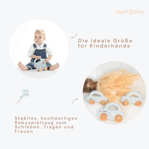 minipishop® Baby Geschenk personalisiert Junge Spielzeug Holzauto Blau I Erstes Auto mit Namen als Geschenkidee zur Geburt Holzspielzeug ab 1 Jahr