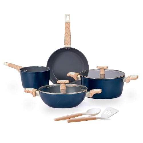 Image of Kreme Ceracook Ceramic Coated Granite 8 Pc Cookware Gift Set Casserole, Frying Pan, Kadai, Tawa, 2 Spatulas, ISI Certified, Forged, Gas & Induction, PFAS & PTFE Free 1 Yr Warranty, Ocean Deep Blue