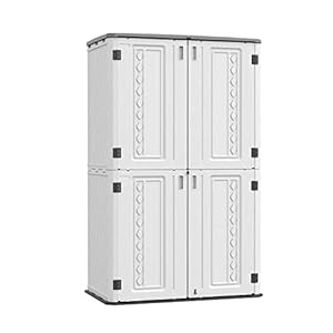 ADDOK Vertical Outdoor Storage CabinetHDEP Storage Shed Weather ResistanceOutdoor Storage for Long Handle ToolLawnmower Garden AccessoriesPatioBalcony 52 CuftWhite