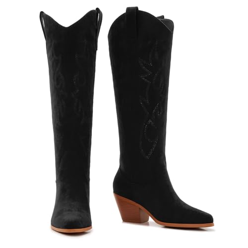 Wide Calf Cowgirl Boots Women Knee High Boots Pointed Toe and Block Heel Cowboy Suede with Embroidered3