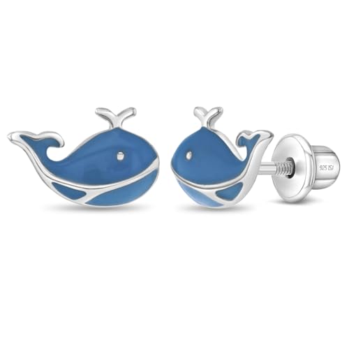 925 Sterling Silver Blue Enamel Playful Whale Safety Screw Back Earrings For Children - Young Girls Ocean Life Earrings for a Fun Vacation - Sea Life Whale Earrings For Kids