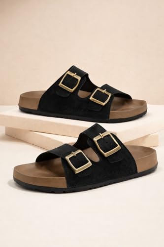 Image of Men's Double Buckle Sandals | Adjustable Strap Slip-On Comfort Slides | Cushioned Footbed Anti-Skid Casual Slippers for Regular Wear Indoor Outdoor