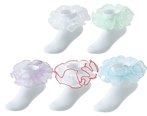 Little Girls 5 Pairs Multi-color Cotton Ruffle Frilly Lace Socks,Big Double Ruffle Ankle Socks Princess Dress Socks