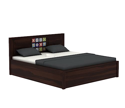 Image of King Size Solid Sheesham Wood Bed with Box Storage, Walnut Finish, Modern Style, 208.3L x 188W x 96.5H cm | bed, solid wood, wooden, furniture