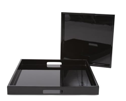 Image of Howard Elliott Collection Premium Wooden Serving Tray with Handle, Glossy Black Finish Decorative Square Wood Tray Set Platters for Ottoman, Breakfast, Parties, Weddings, 20 x 20 Inch