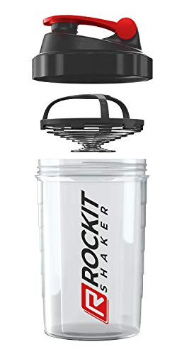 Rockitz Premium Protein Shaker 500ml - erstklassige Mischfunktion mit Infusion Sieb - für super cremige Fitness Eiweiß Shakes, Proteinshake Becher,Transparent | Rot