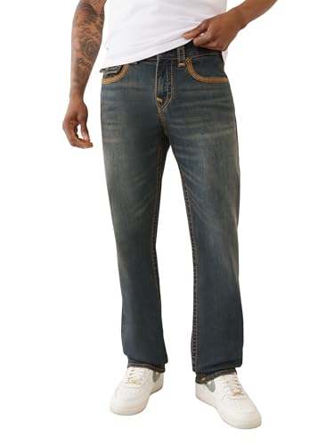 True Religion Men's Super Flatlock Ricky Flap Jeans – Straight Fit Stretch Denim with Signature Flap Pockets