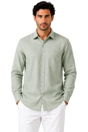 Image of Men's Cotton Linen Casual Shirt, Sage Green, Regular Fit, Plain, Long Sleeve