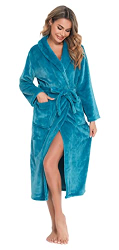 Vlazom Bata Mujer Invierno Polar Bata de Casa Señora Larga Albornoz Mujer Invierno con Cinturón(Azul pavo Real,M)