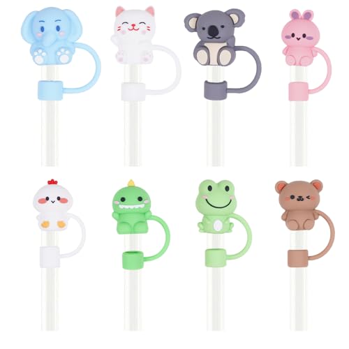 8pcs Silicone Straw Covers Cap for Stanley, Tumblers 30&40oz, 0.4 Inch/10mm Cute animals Cup Accessories Reusable Drinking Straw Toppers Kits Tips Lids (Sitting Animal)
