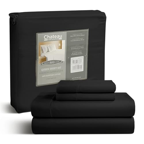 100% Egyptian Cotton Sheets Queen Size Set, 800 TC Deep Pocket Queen Sheets Set, Soft Breathable Sateen Weave 4 PC Elasticated Sheet & Pillowcase Sets, No Pill & Shrink, Fade Resistant- Black