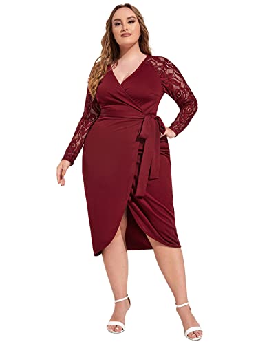 SheIn Women s Plus Elegant Contrast Lace Sleeve Self Belted Wrap Stretchy Bodycon Pencil Dress Burgundy 3X-Large Plus