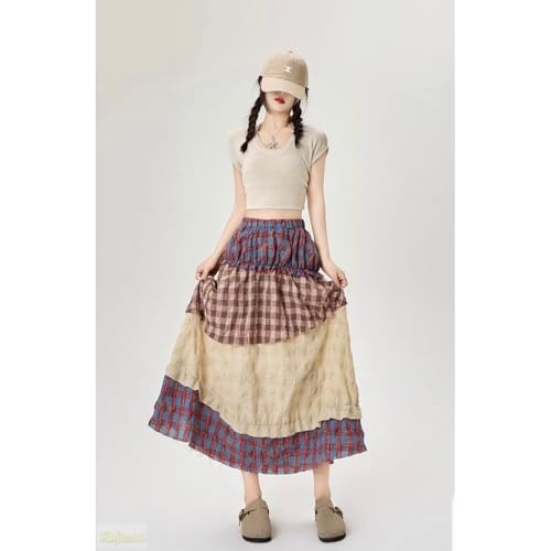 Boho Patchwork Midi Skirt Women's High Waisted Floral Print A-Line Vintage Cotton Skirt Elastic Waist Spring Summer4