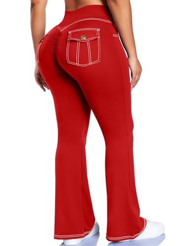 SEASUM Workout Butt Lifting Flare Leggings with Pockets for Women Scrunch Cargo Gym Casual Denim-Look Yoga Pants Red XL - image 5