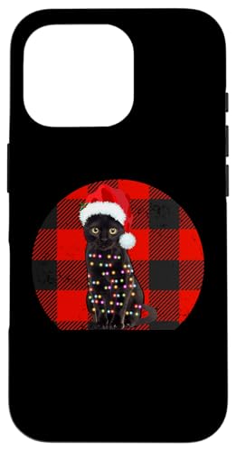 Carcasa para iPhone 16 Pro Vintage Black Cat Christmas lights plaid Cat Lover Christmas