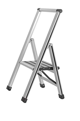 WENKO Leichte Aluminium Trittleiter mit 1 Stufe für 25 cm höheren Stand, rutschsichere XXL-Stufen, Design Klapptrittleiter, TÜV Süd Zertifiziert, 44 x 74 x 5,5 cm, Silber matt