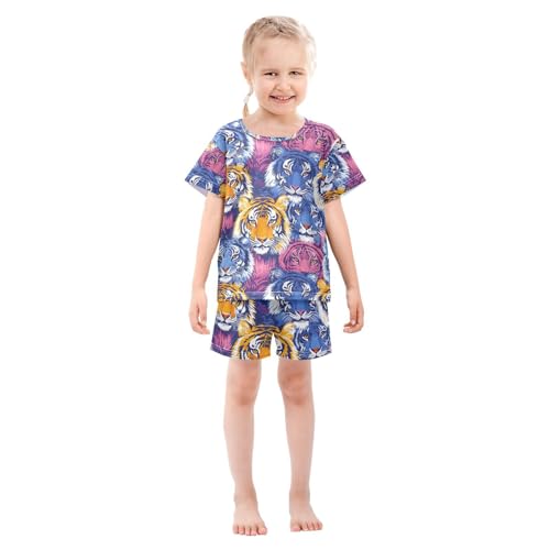ALAZA Blue Colorful Tiger Animal Pajamas Set Short Sleeve Cotton Sleepwear Summer Pjs 2 Piece 5-14Y3