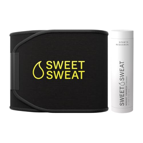 Sports Research Waist Trimmer Pack - Sweet Sweat Waist Trimmer (Black/Yellow, Large) & Workout Enhancer Roll-On Gel (Coconut Scent)