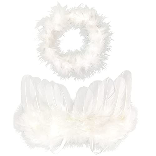 Pamtns Alas de Angel Blanc 1 Pieza Alas y Halo de ángel Alas de ángel de Plumas Alas Angel con Halo Set Plumas ángel Alas Fotografia Kit para Fiestas de Disfraces Cover