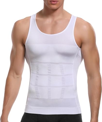 Mens Slimming Vest Mens Belly Compression Vest Top Belly Slimming Shaper Undershirt Instant Weight Loss Soft Small, Large, X-Large, XX-Large in White (Medium)