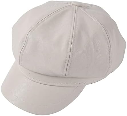 BRU-URB PU Leather Newsboy Cap Vintage Peaked Sun Hat for Women Men Retro Berets Ladies Bucket Hat White 6 7/8-7 3/8