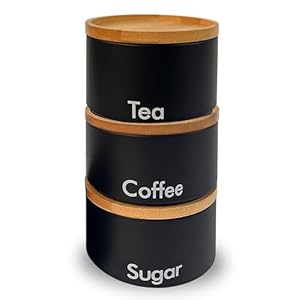 Top 3 Tea Coffee and Sugar canisters set | kitchen storage & organisation | pantry cupboard organiser | 3pc matching stackable airtight containers with bamboo lids