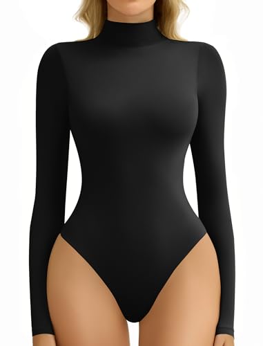 Avidlove Bodysuits for Women High Neck Long Sleeve Body Suits Snap Closure Double Lined Mock Neck Bodysuit Soft (Black, M)
