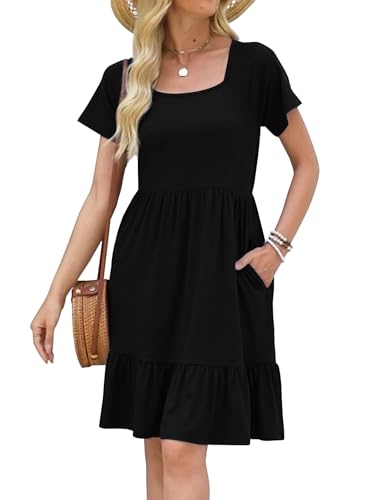 HAPYWER Sommerkleider Damen Kurzarm Quadratischer Ausschnitt Kleid A-Linie Kleider Knielang Casual Strandkleider Mit Taschen