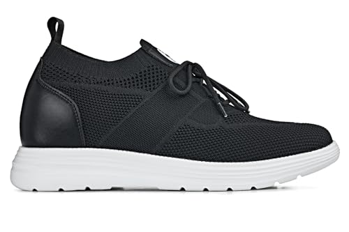 CALTO Men's Invisible Height Increasing Elevator Shoes - Black Ultra Light-Weight Lace-up Knitted Sporty Sneaker Walker - 2.8 Inches Taller - X1340 - Size 12 D(M) US2