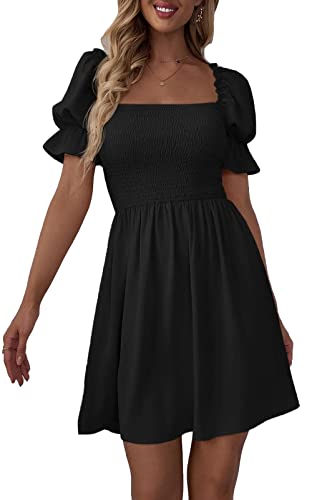 Halfword Womenâ€™s Ruffle Square Neck Shirred Flounce Puff Sleeve A-Line Short Mini Dress High Waist Skater Dresses Black S