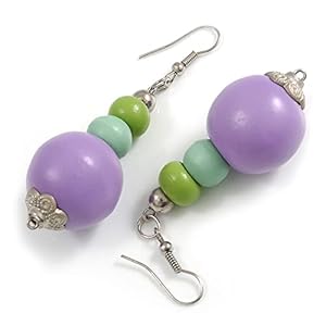 Graduated Lilac/Mint/Lime Green Painted Wood Bead Drop Earings – 65mm Long
