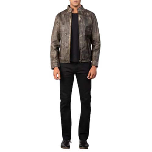 Classic Black Leather Jacket, Full Zip Front, Stand Collar, Motorcycle Style, Genuine Leather, Slim Fit