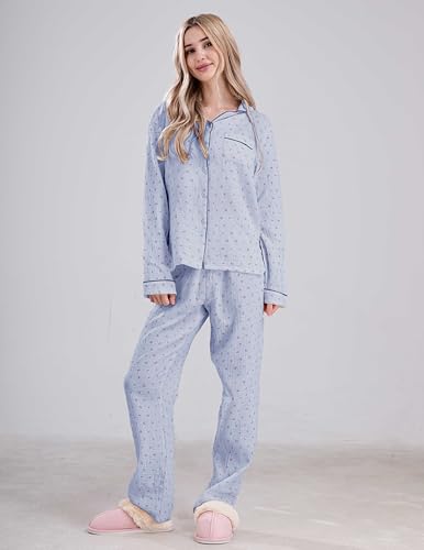 Womens Cotton Gauze Pajama Set Long Sleeve Button Up Shirt and Pants 2 Piece Cute Printed Pj Set2