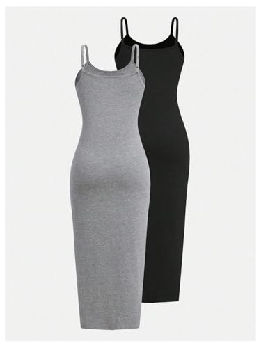 SHENHE Girl's 2 Pack Bodycon Maxi Dress Spaghetti Strap Casual Sleeveless Long Slip Dress2
