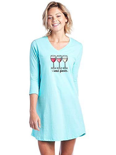 Caramel Cantina 3/4 Sleeve Junior Women's Night Shirt V Neck (Large, Wine Glasses)