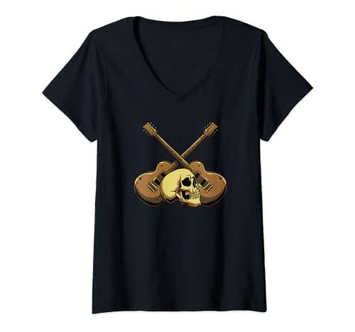 Womens Electric Guitar Musician - E-Guitar Skull Rock Guitarist V-Neck T-Shirt, Black