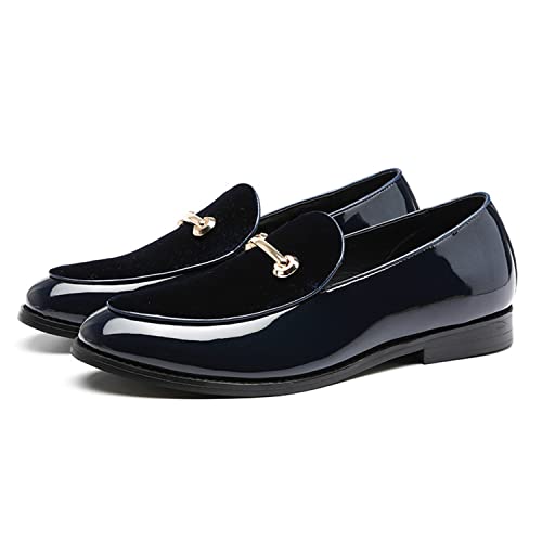WOkismD Mocassini da Uomo Scarpe Eleganti da Cerimonia Nuziale in Pelle Classiche da Uomo d'Affari Oxfords Retro Slip On Shoes con Finiture in Metallo,Blu,42