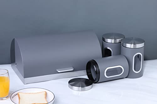 Reliance Kitchen Roll Top Bread Bin with 3x piece canisters Set - Ventilated Bread storage bin - Stainless steel - Tea Coffee Sugar Jars (Matt Grey)