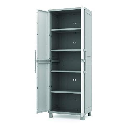 Keter Storage Cabinet with Doors and Shelves for Tool, Home Organization,Large, White & Grey
