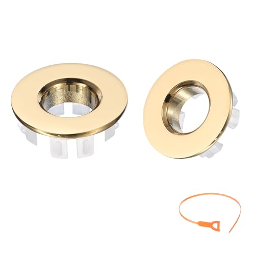 uxcell 2pcs Sink Overflow Rings, Bathroom Kitchen Basin Trim Bath Sink Hole Round Brass Overflow Drain Cover Insert in Hole with a Drain Cleaner Tool (Gold Tone)